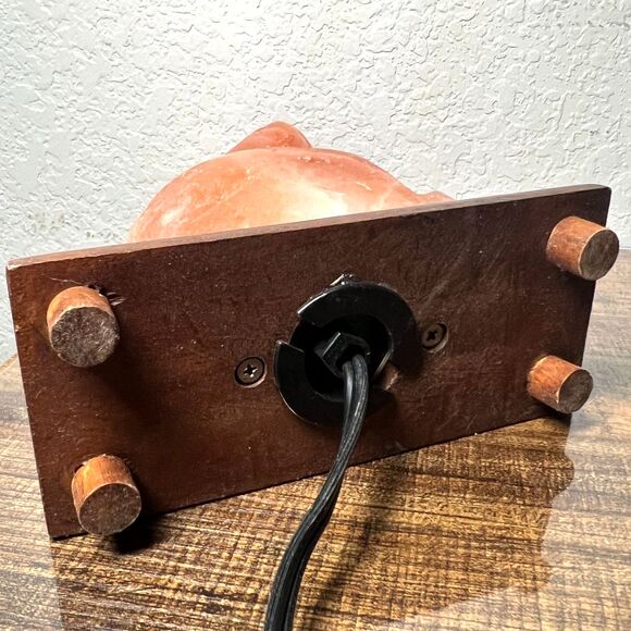 Vintage Pink Himalayan Salt Lamp Cat Shaped Carved Orange Rock Crystal Wood Base - Picture 11 of 13